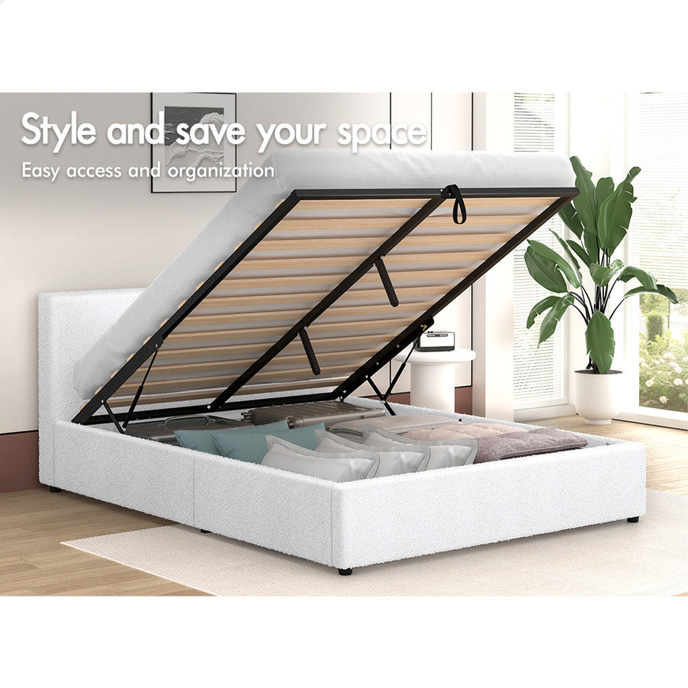 ALFORDSON Bed Frame Queen Size Gas Lift Storage Base White Boucle TRICIA