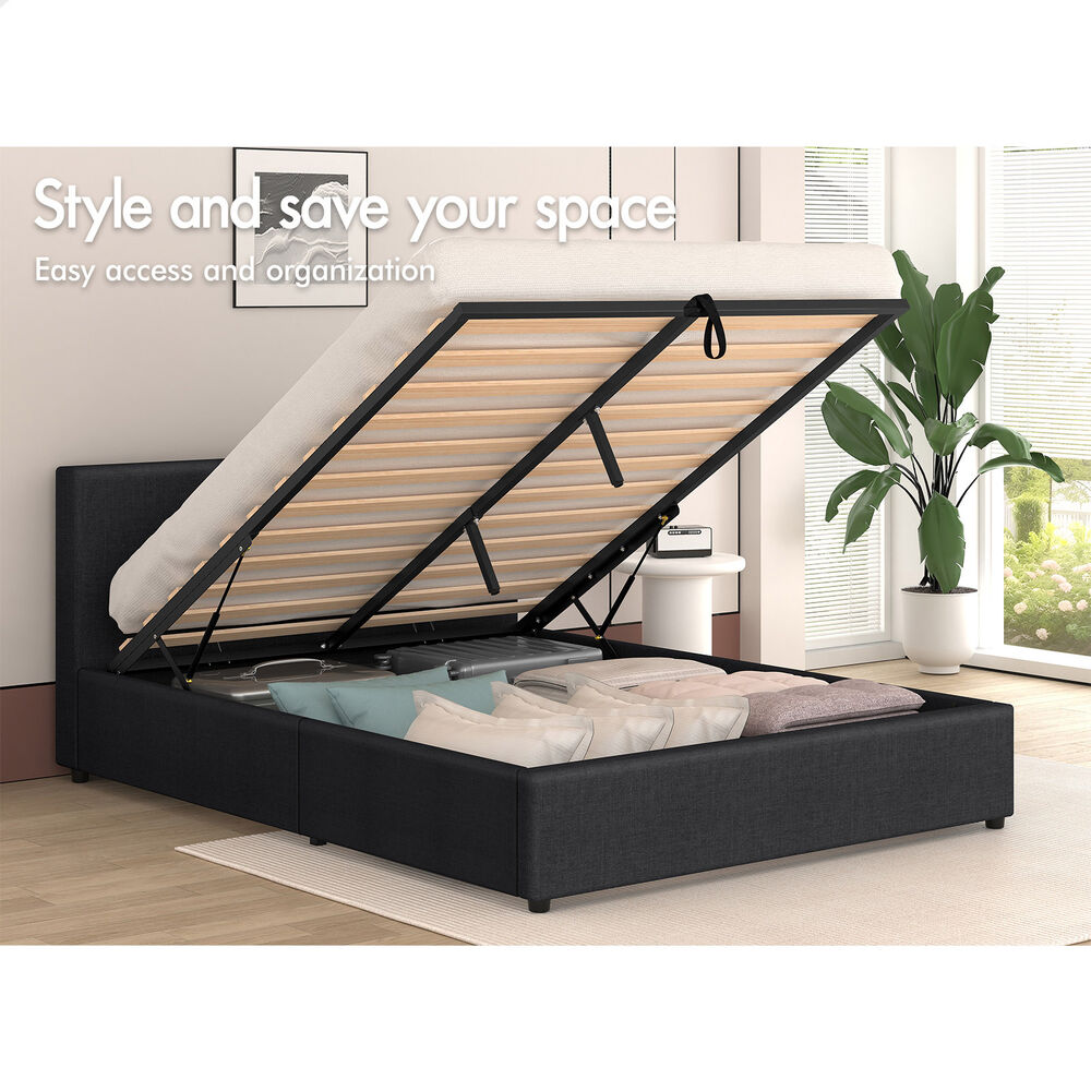 ALFORDSON Bed Frame Queen Size Gas Lift Storage Base Fabric Charcoal TRICIA