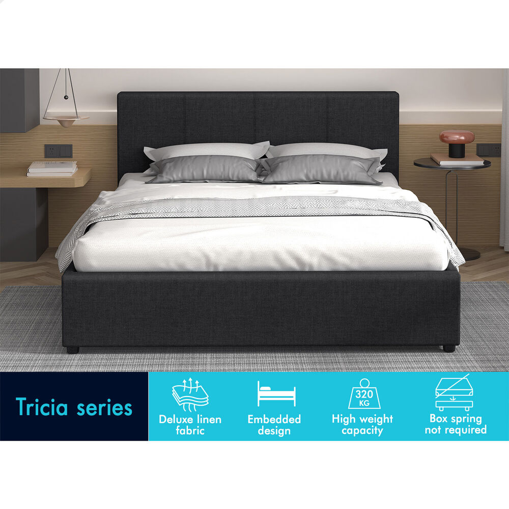 ALFORDSON Bed Frame Queen Size Gas Lift Storage Base Fabric Charcoal TRICIA