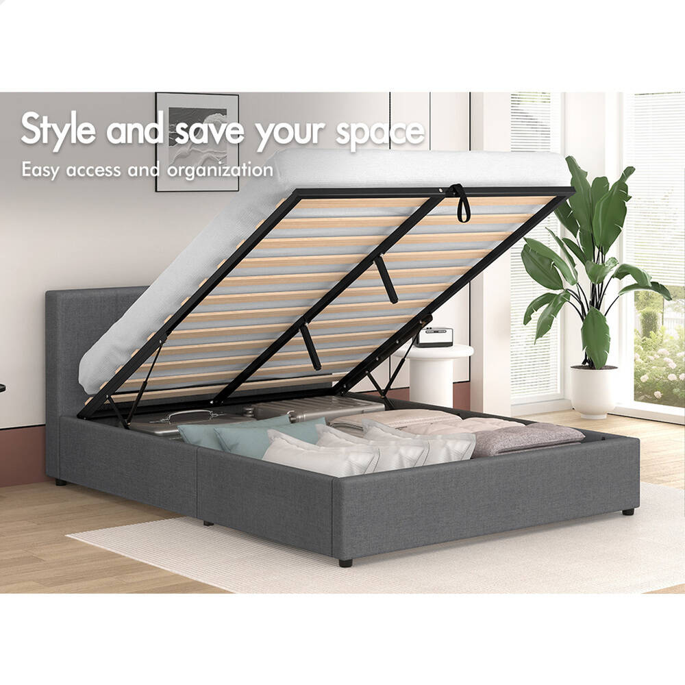 ALFORDSON Bed Frame Queen Size Gas Lift Storage Base Grey Fabric TRICIA
