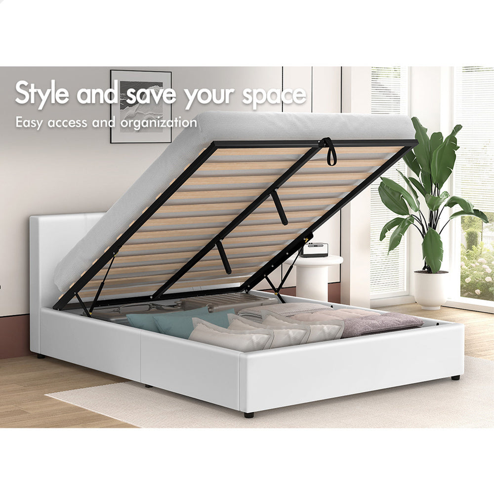 ALFORDSON Bed Frame Queen Size Gas Lift Storage Base White Leather TRICIA