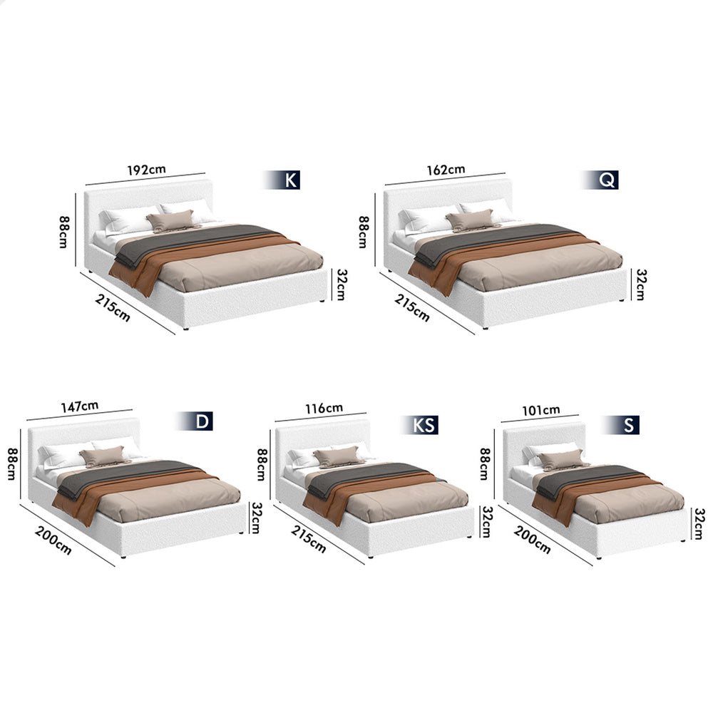 ALFORDSON Bed Frame Single Size Gas Lift Storage Base White Boucle TRICIA