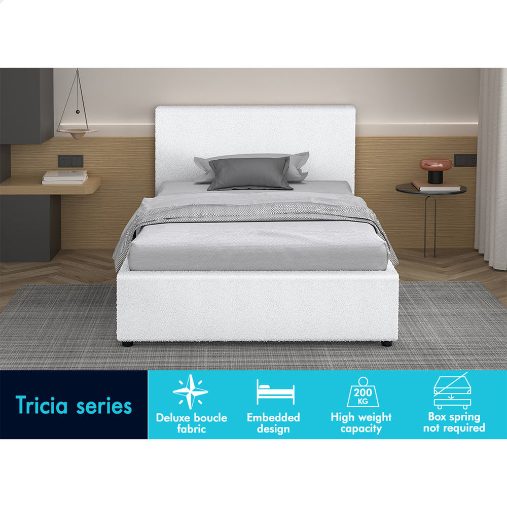 ALFORDSON Bed Frame Single Size Gas Lift Storage Base White Boucle TRICIA