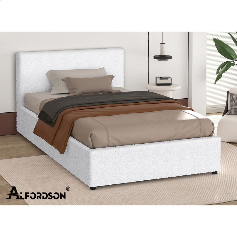 ALFORDSON Bed Frame Single Size Gas Lift Storage Base White Boucle TRICIA