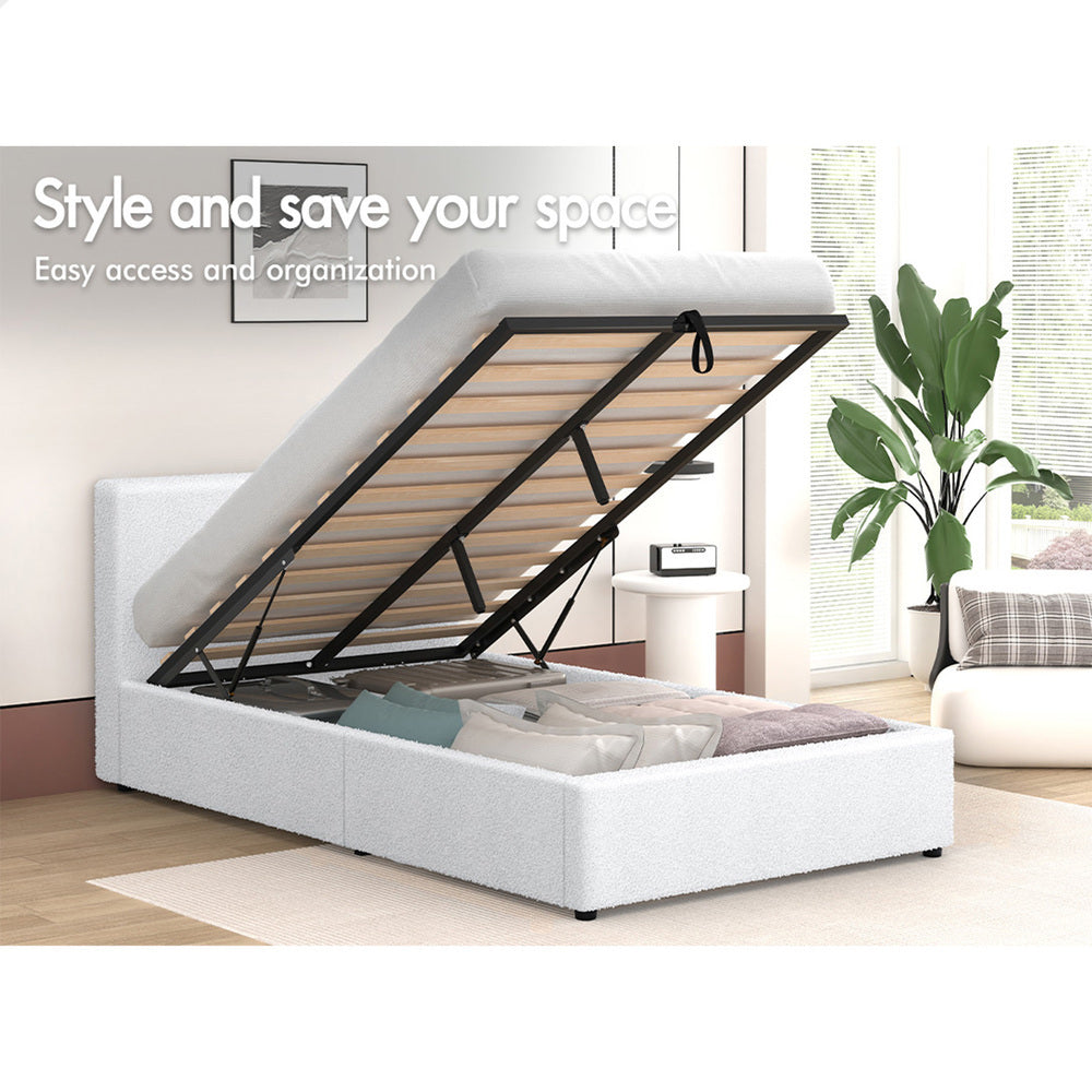 ALFORDSON Bed Frame Single Size Gas Lift Storage Base White Boucle TRICIA