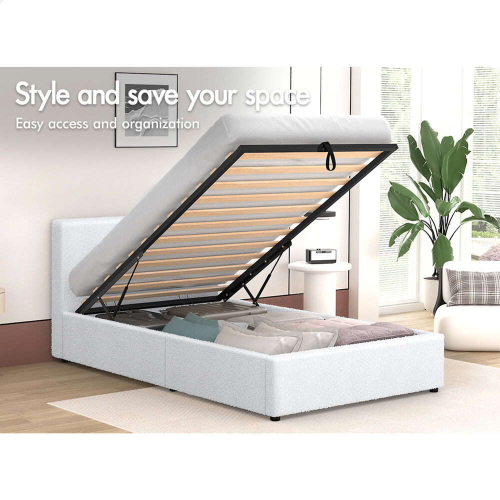 ALFORDSON Bed Frame Single Size Gas Lift Storage Base White Boucle TRICIA