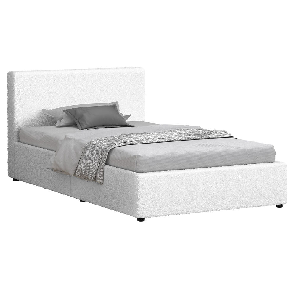 ALFORDSON Bed Frame Single Size Gas Lift Storage Base White Boucle TRICIA