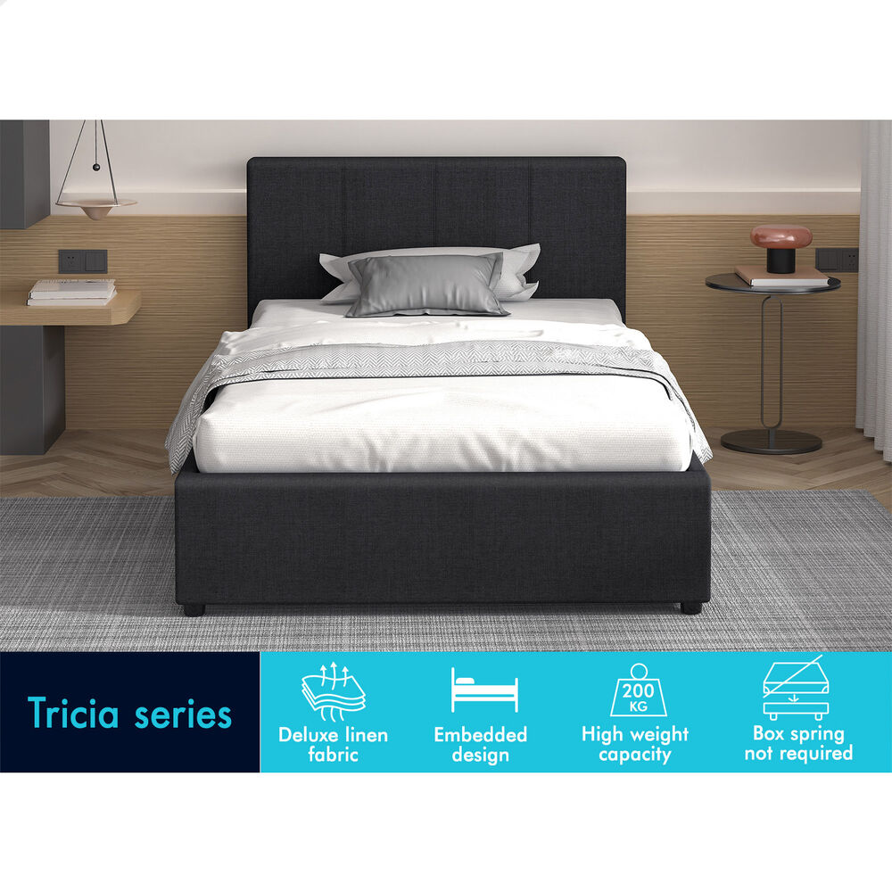 ALFORDSON Bed Frame Single Size Gas Lift Storage Base Fabric Charcoal TRICIA