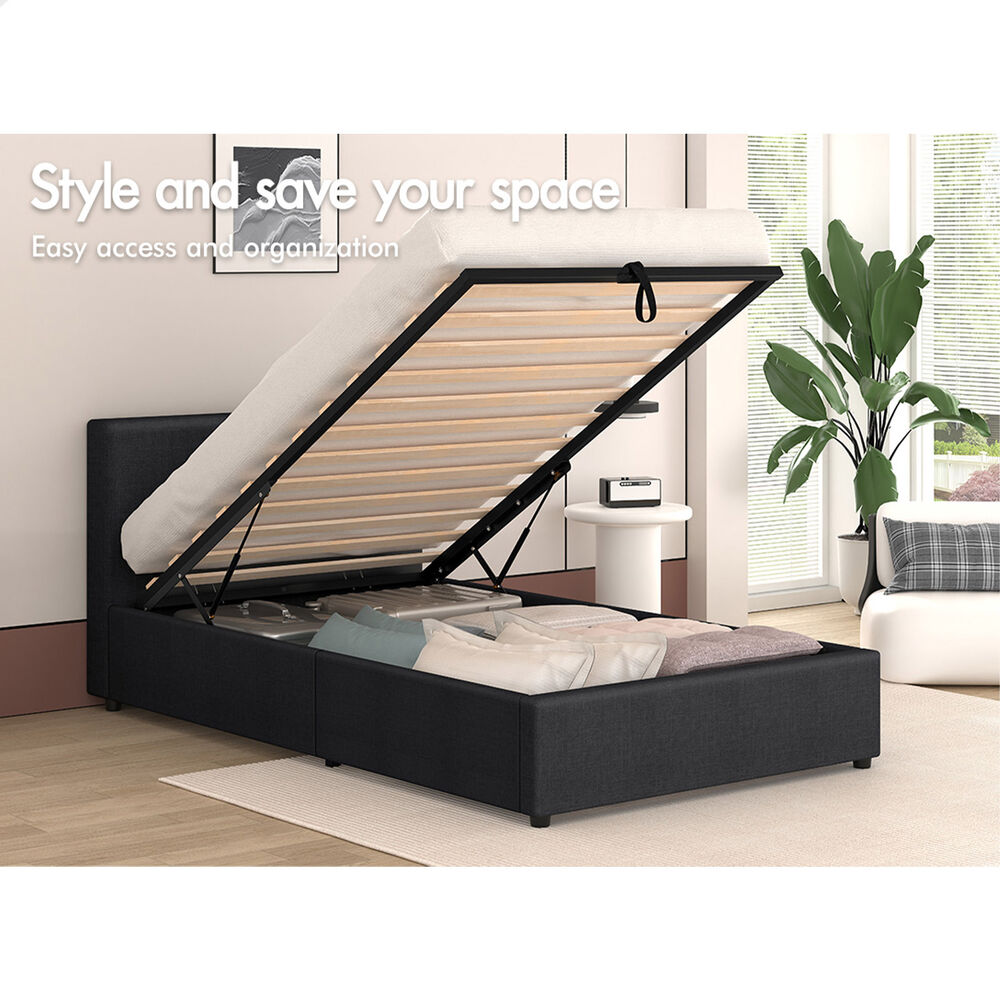 ALFORDSON Bed Frame Single Size Gas Lift Storage Base Fabric Charcoal TRICIA