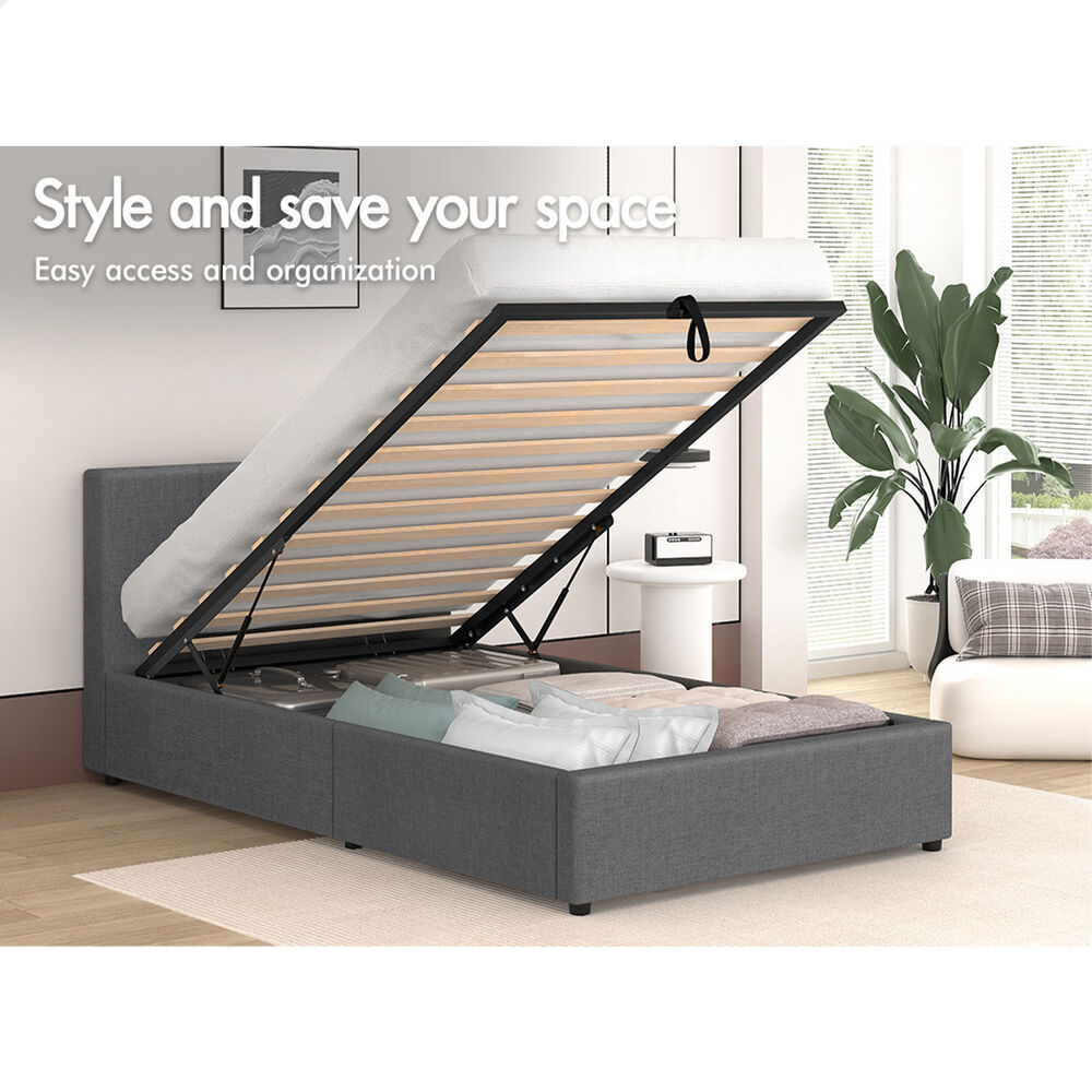 ALFORDSON Bed Frame Single Size Gas Lift Storage Base Grey Fabric TRICIA