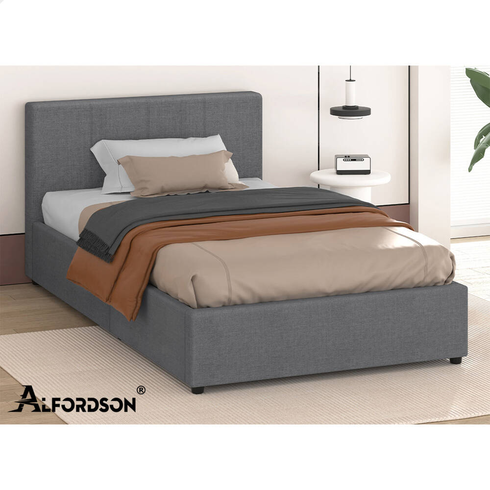 ALFORDSON Bed Frame Single Size Gas Lift Storage Base Grey Fabric TRICIA