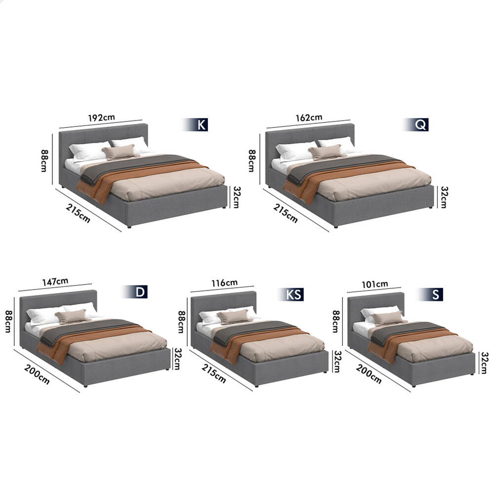 ALFORDSON Bed Frame Single Size Gas Lift Storage Base Grey Fabric TRICIA