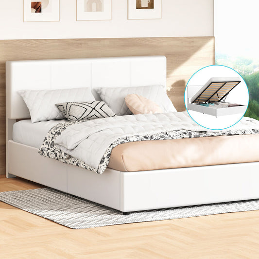 ALFORDSON Bed Frame Double Gas Lift Storage Adjustable Headboard White LURIA