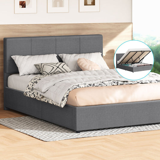 ALFORDSON Bed Frame King Gas Lift Storage Adjustable Headboard Grey LURIA