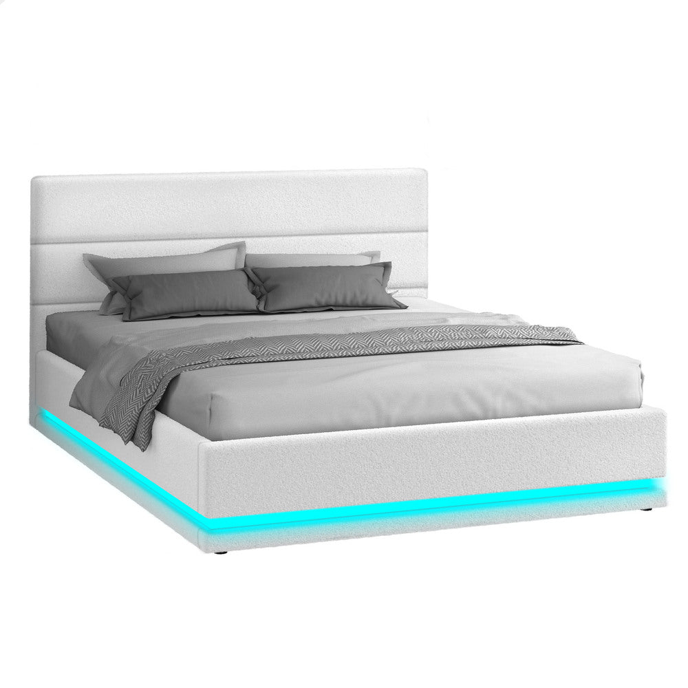 ALFORDSON Bed Frame Double Size Platform RGB LED Gas Lift Base Storage Boucle