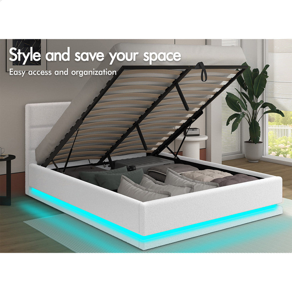 ALFORDSON Bed Frame Double Size Platform RGB LED Gas Lift Base Storage Boucle