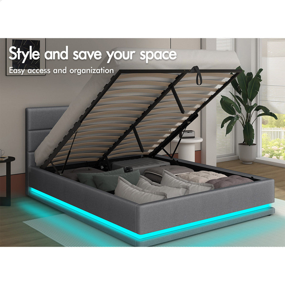 ALFORDSON Bed Frame Double Size Platform RGB LED Gas Lift Base Storage Grey