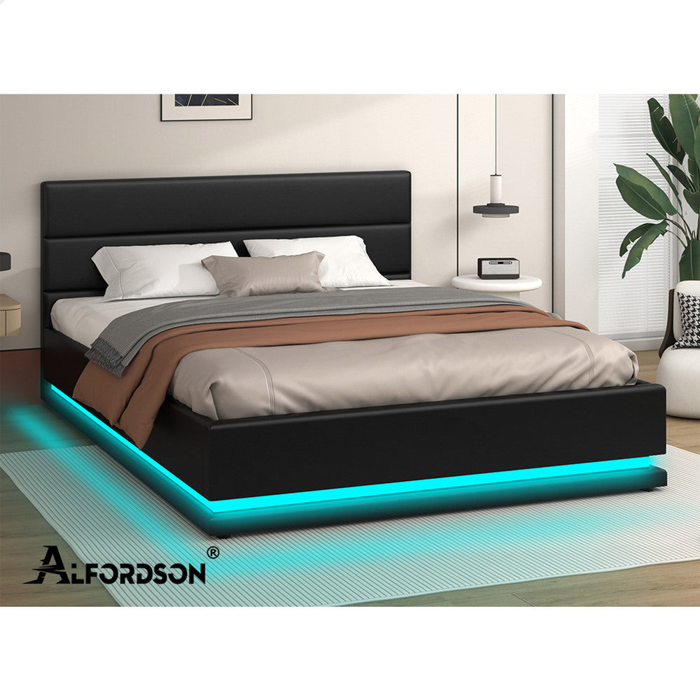 ALFORDSON Bed Frame King Size Platform RGB LED Gas Lift Base Storage Black