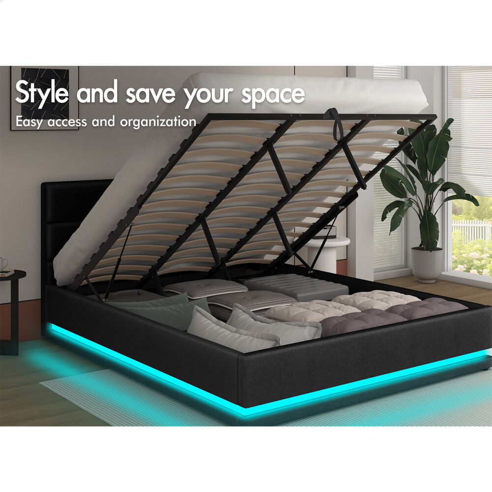 ALFORDSON Bed Frame King Size Platform RGB LED Gas Lift Base Storage Charcoal