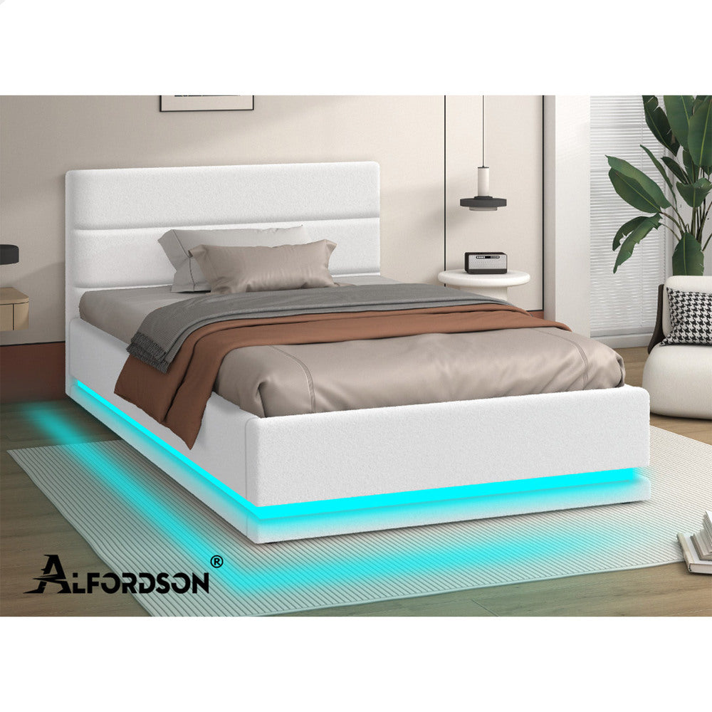 ALFORDSON Bed Frame King Single Platform RGB LED Gas Lift Base Storage Boucle