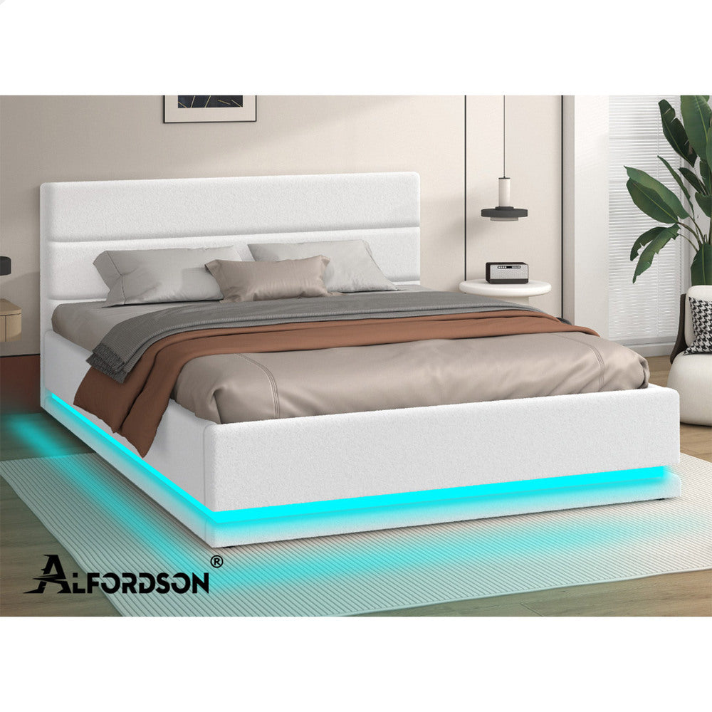 ALFORDSON Bed Frame Queen Size Platform RGB LED Gas Lift Base Storage Boucle