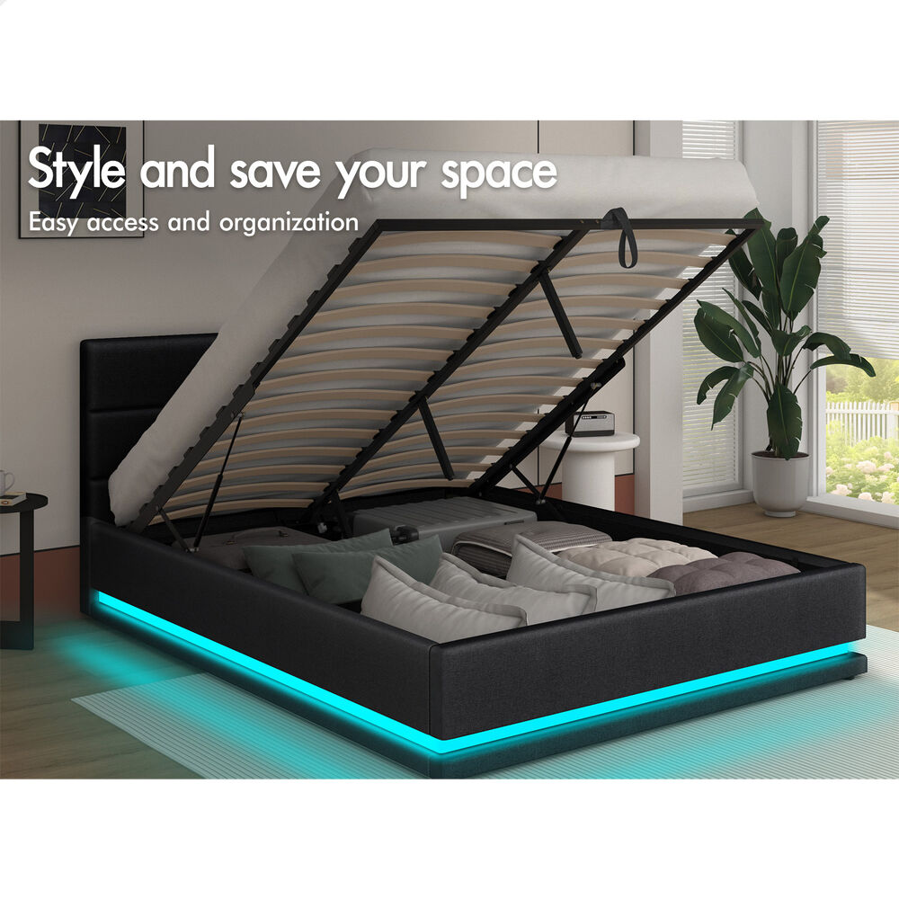 ALFORDSON Bed Frame Queen Size Platform RGB LED Gas Lift Base Storage Charcoal
