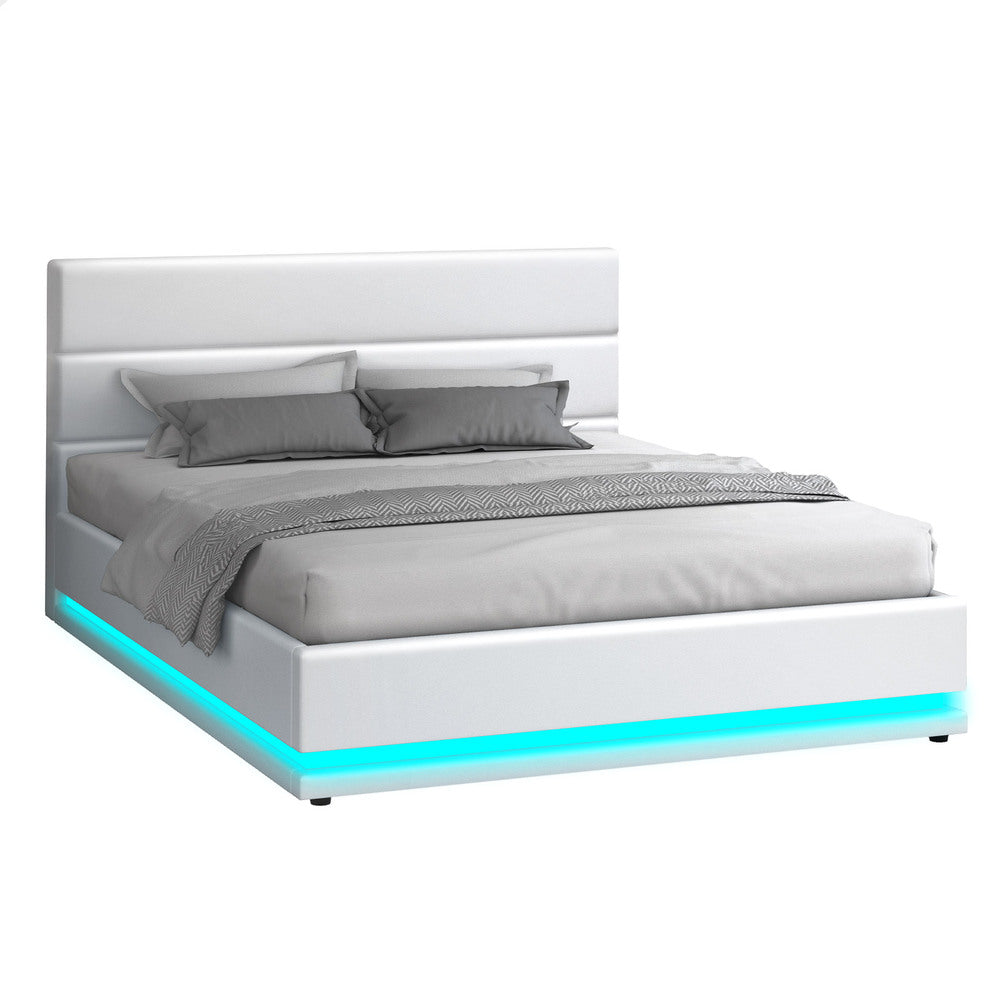 ALFORDSON Bed Frame Queen Size Platform RGB LED Gas Lift Base Storage White