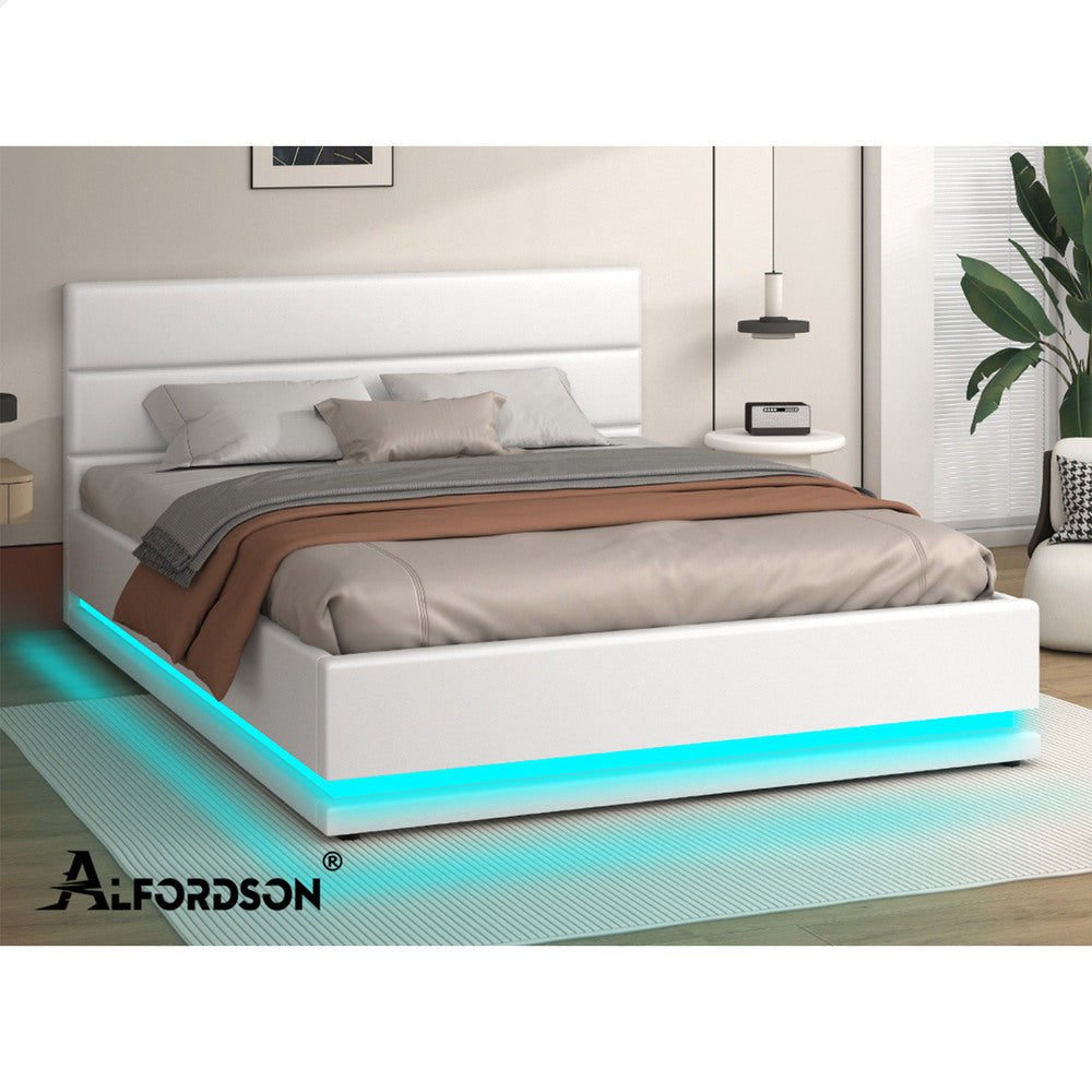 ALFORDSON Bed Frame Queen Size Platform RGB LED Gas Lift Base Storage White