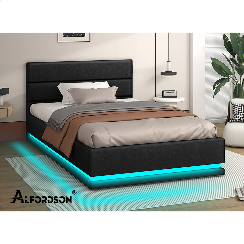 ALFORDSON Bed Frame Single Size Platform RGB LED Gas Lift Base Storage Charcoal