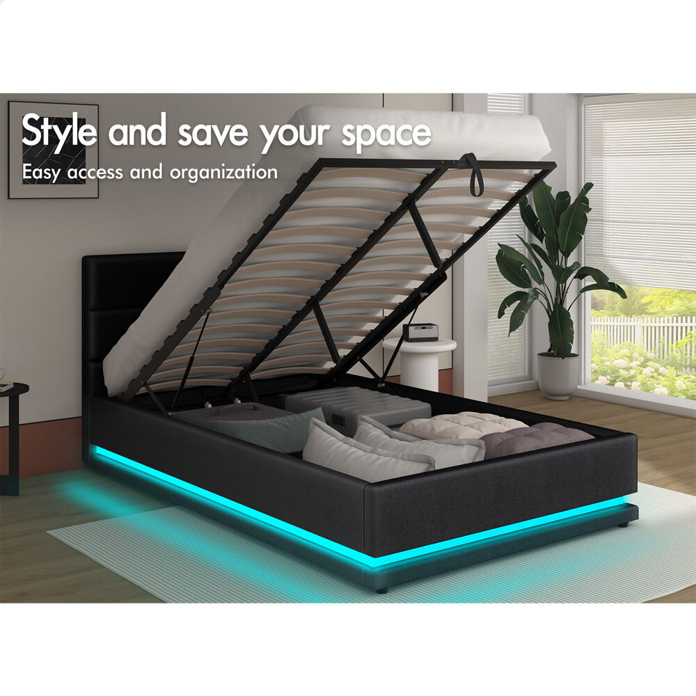 ALFORDSON Bed Frame Single Size Platform RGB LED Gas Lift Base Storage Charcoal