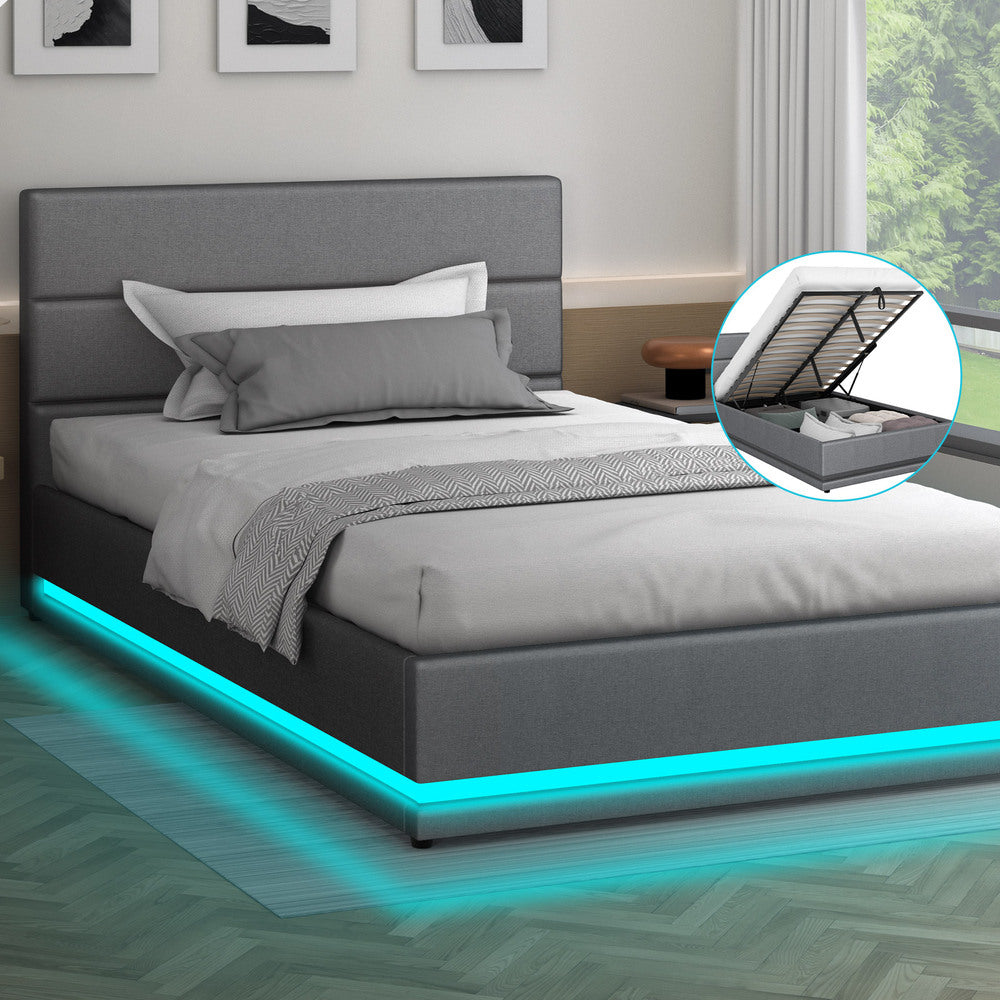 ALFORDSON Bed Frame Single Size Platform RGB LED Gas Lift Base Storage Grey