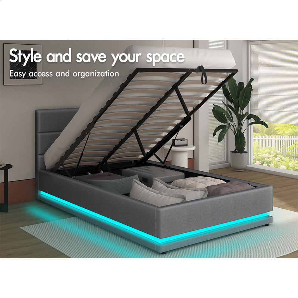 ALFORDSON Bed Frame Single Size Platform RGB LED Gas Lift Base Storage Grey