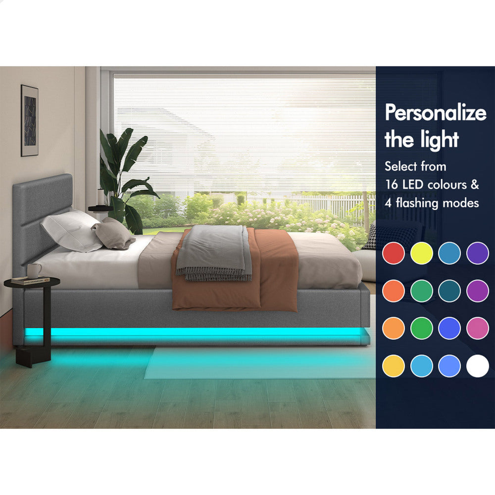 ALFORDSON Bed Frame Single Size Platform RGB LED Gas Lift Base Storage Grey