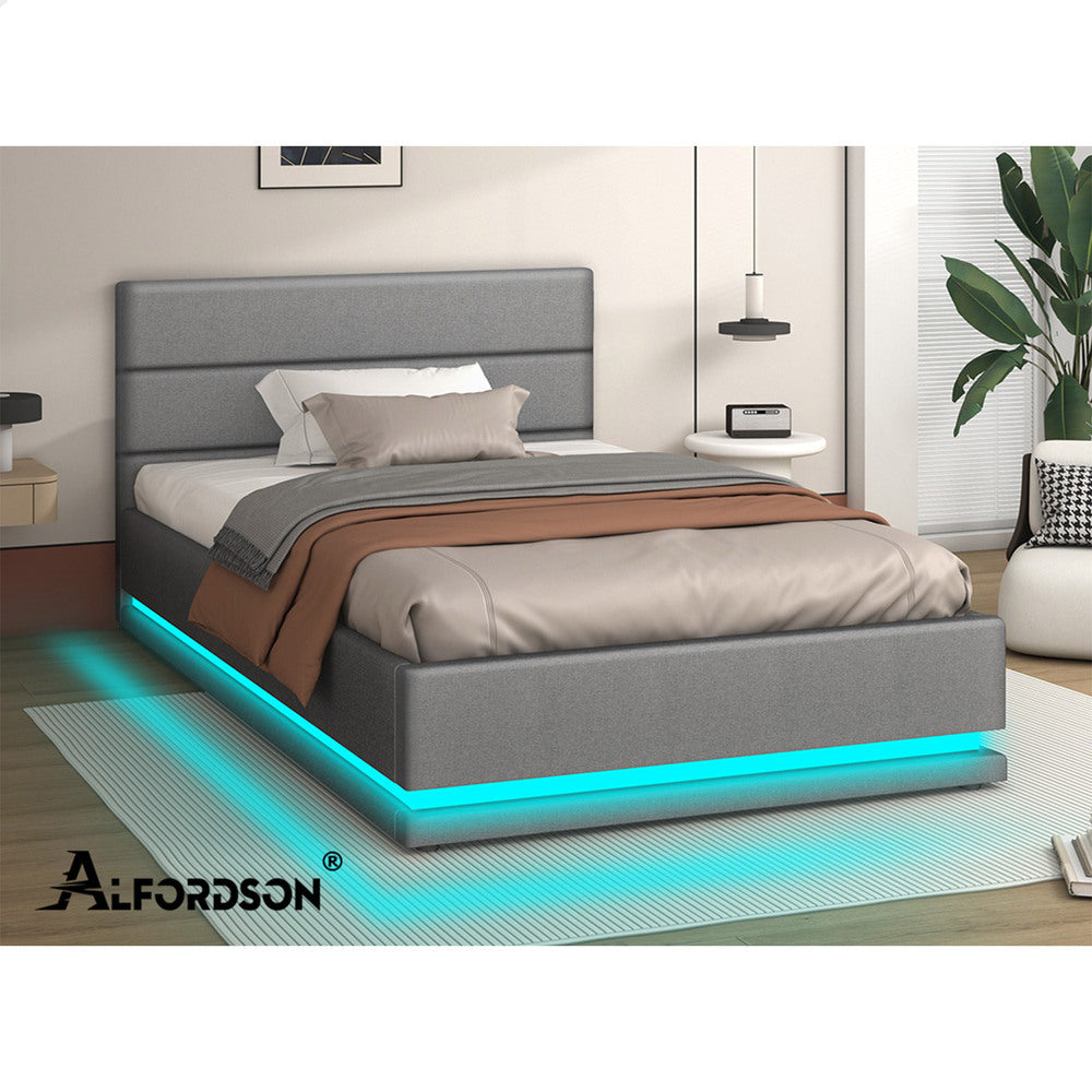 ALFORDSON Bed Frame Single Size Platform RGB LED Gas Lift Base Storage Grey
