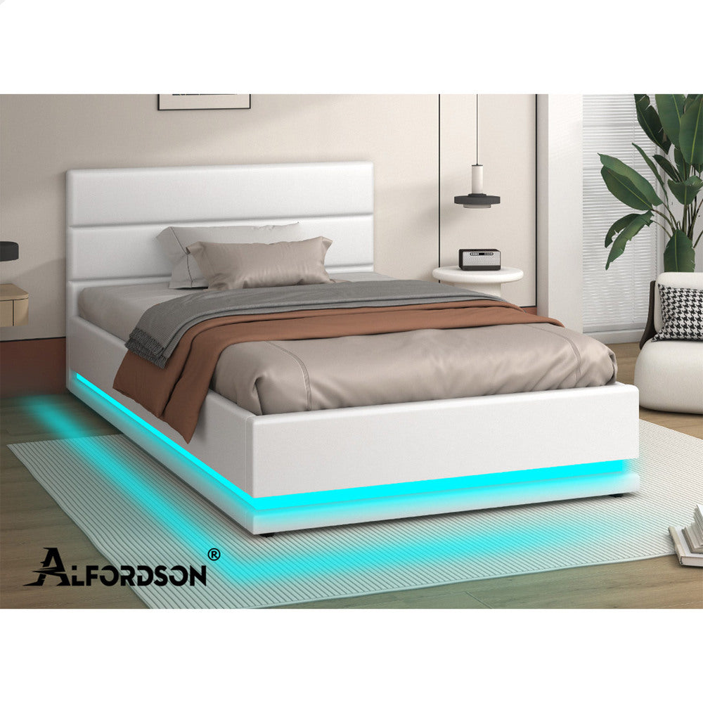 ALFORDSON Bed Frame Single Size Platform RGB LED Gas Lift Base Storage White