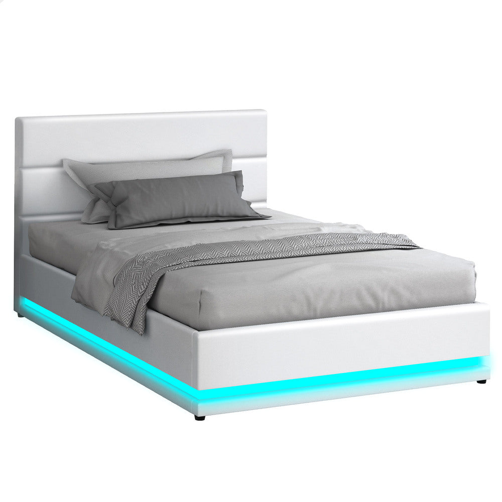 ALFORDSON Bed Frame Single Size Platform RGB LED Gas Lift Base Storage White