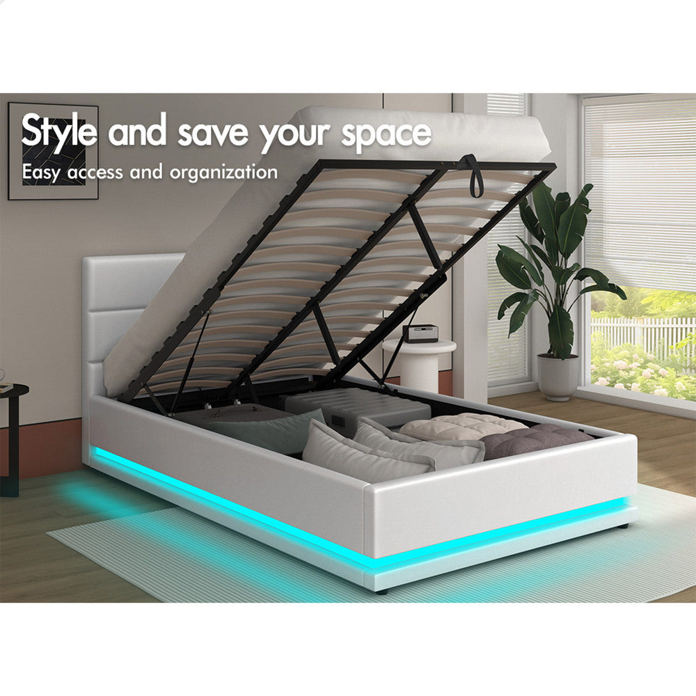 ALFORDSON Bed Frame Single Size Platform RGB LED Gas Lift Base Storage White