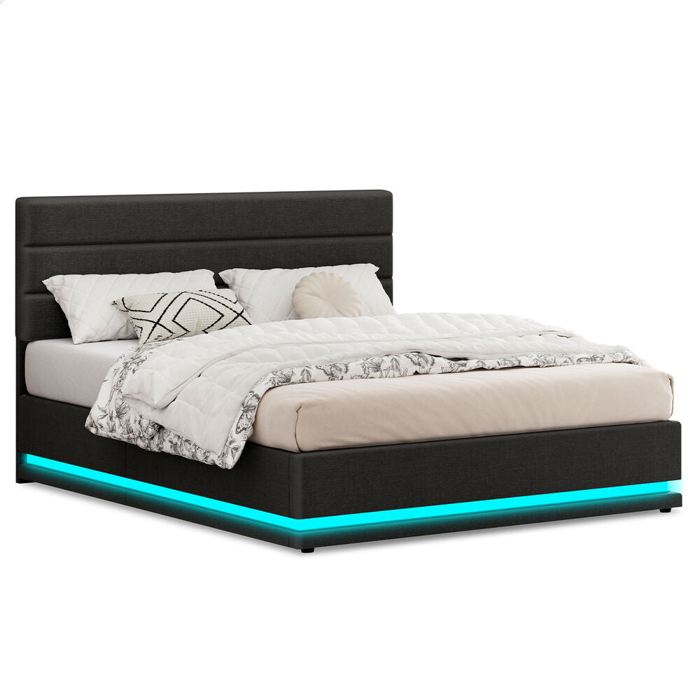 ALFORDSON Bed Frame Double Size Platform RGB LED Gas Lift Storage Base Charcoal