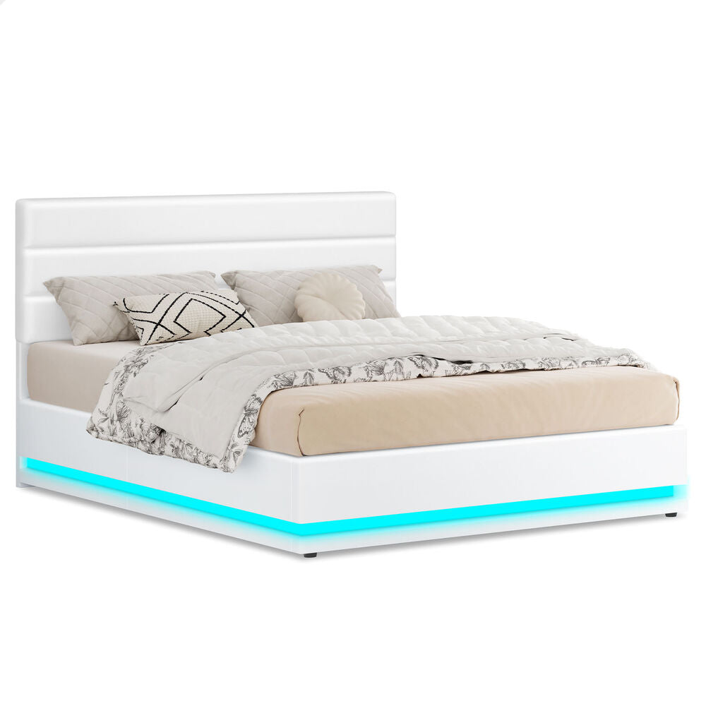 ALFORDSON Bed Frame Double Size Platform RGB LED Gas Lift Base Storage White