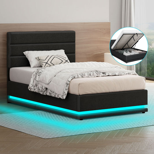 ALFORDSON Bed Frame King Single Platform RGB LED Gas Lift Storage Base Charcoal