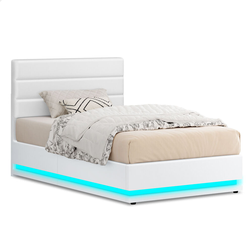 ALFORDSON Bed Frame King Single Platform RGB LED Gas Lift Base Storage White