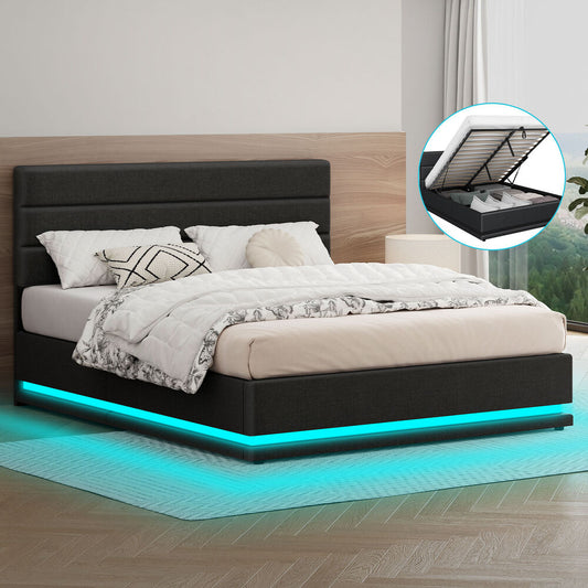 ALFORDSON Bed Frame Queen Size Platform RGB LED Gas Lift Storage Base Charcoal
