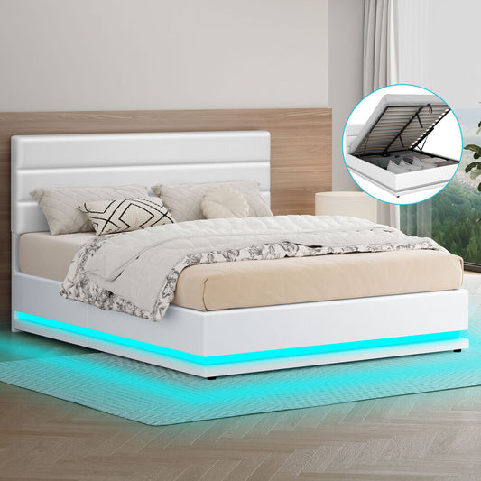 ALFORDSON Bed Frame Queen Size Platform RGB LED Gas Lift Base Storage White
