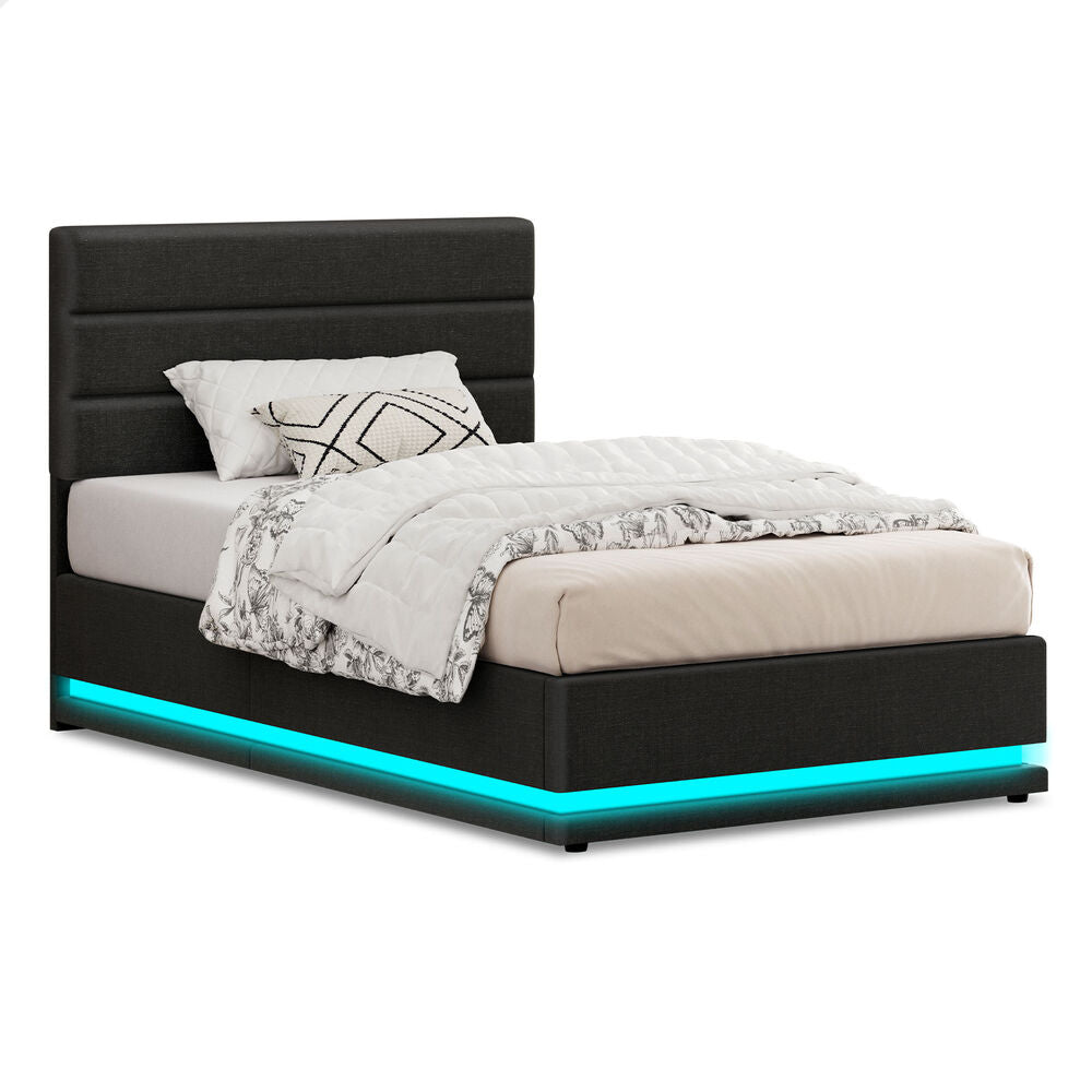 ALFORDSON Bed Frame Single Size Platform RGB LED Gas Lift Storage Base Charcoal