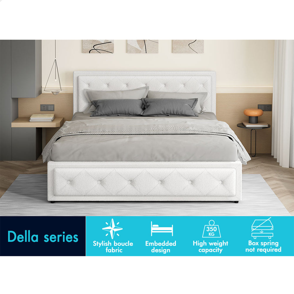 ALFORDSON Bed Frame King Size Gas Lift Storage Base Boucle Fabric White