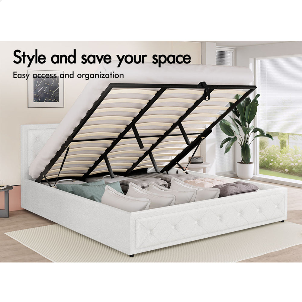 ALFORDSON Bed Frame King Size Gas Lift Storage Base Boucle Fabric White