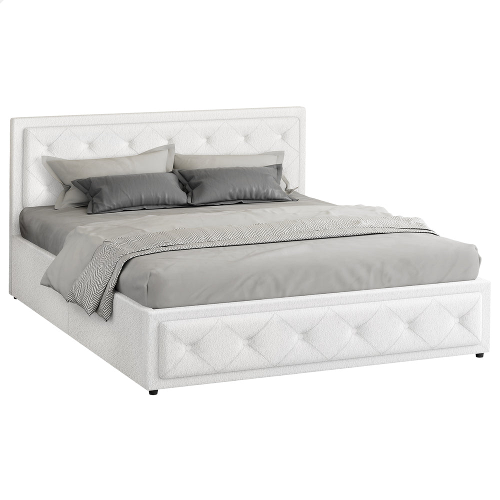 ALFORDSON Bed Frame King Size Gas Lift Storage Base Boucle Fabric White