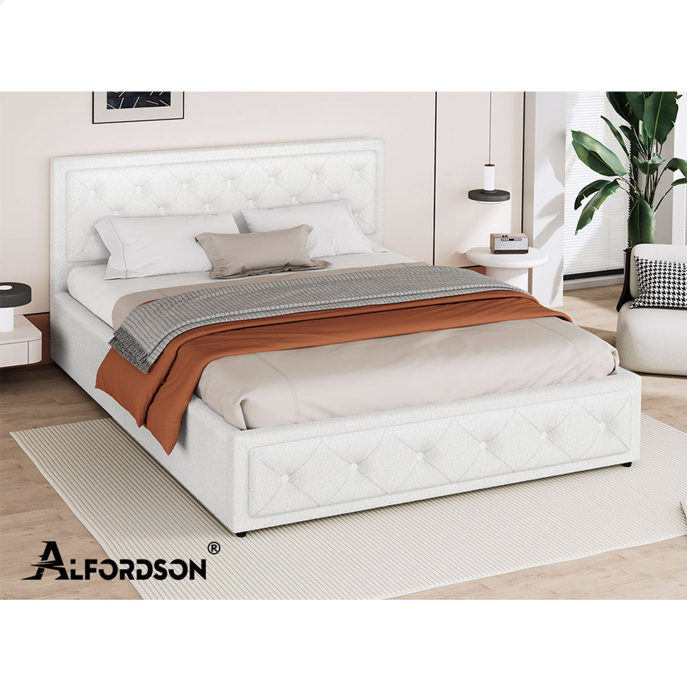 ALFORDSON Bed Frame King Size Gas Lift Storage Base Boucle Fabric White