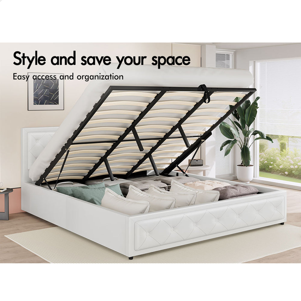 ALFORDSON Bed Frame King Size Gas Lift Storage Mattress Base Leather White