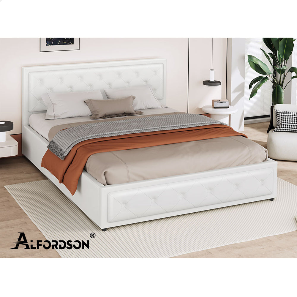 ALFORDSON Bed Frame King Size Gas Lift Storage Mattress Base Leather White